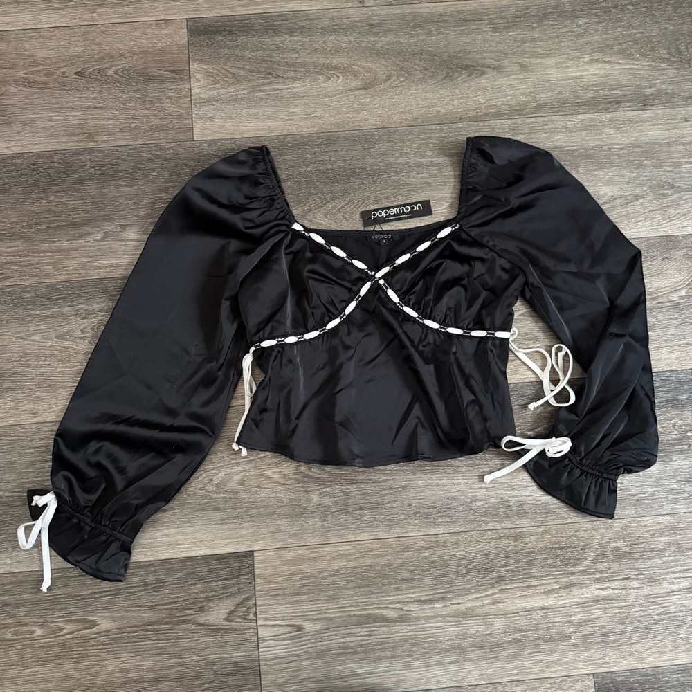 Paper Moon Black Satin Long Sleeve Cottagecore Top